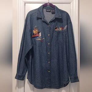 Solutions Casual Vtg Denim school Theme Embroidered Shirt Large
